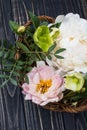 peony flowers arrangement on old wooden board background. Festiv Royalty Free Stock Photo