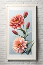 peony flowers on canvas frame hanged on a white wall