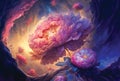 Peony flowers on cosmic background, ethereal dark scenery, mysterious atmospheric art