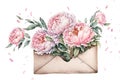Peony flowers in an envelope. Template for mothers day, wedding or birthday postcard. Royalty Free Stock Photo