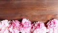 Peony flowers frame on wooden background. space for a text, view from above. panoramic floral banner