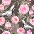 Peony flowers, hearts, dancing crane birds. Seamless floral pattern for Valentine day, wedding Royalty Free Stock Photo