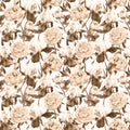 Peony flowers, iris flower and butterflies in old brown style. Vintage seamless background. Floral pattern. Watercolor