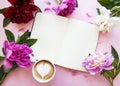 Peony flowers, notebook and coffee Royalty Free Stock Photo