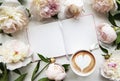 Peony flowers, notebook and coffee Royalty Free Stock Photo