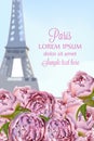 Peony flowers in Paris Vector. Romantic card spring times at Eiffel Tower Royalty Free Stock Photo