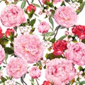 Peony flowers, red roses and sakura. Seamless floral background. Watercolor Royalty Free Stock Photo