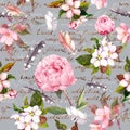 Peony flowers, sakura, feathers. Vintage seamless floral pattern with hand written letter for fashion design. Watercolor Royalty Free Stock Photo