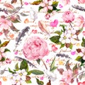 Peony flowers, sakura, feathers. Vintage seamless floral pattern with hand written letter. Watercolor Royalty Free Stock Photo