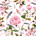 Peony flowers, sakura, feathers. Vintage seamless floral pattern. Watercolor Royalty Free Stock Photo