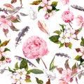 Peony flowers, sakura, feathers. Vintage seamless floral pattern. Watercolor Royalty Free Stock Photo