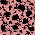 Peony flowers seamless pattern. Silhouettes pattern. Vector illustration Isolated on white background.