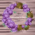 Peony flowers wreath Vector. Ultra violet floral round frame. Valentine day cards. wooden texture background Royalty Free Stock Photo