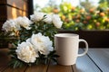 Peony and green leaves, white mugs, wooden background, wedding mockup Royalty Free Stock Photo