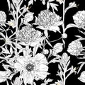 Peony rose flowers seamless pattern. Blooming spring summer line flowers illustration.