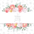 Peony, rose, ranunculus, pink flowers and decorative eucaliptus leaves vector design card Royalty Free Stock Photo