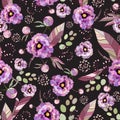 Peony and roses. Drawn floral vintage seamless pattern. Purple peonies flowers, exotic leaves, branches and berries bouquets on Royalty Free Stock Photo