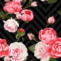 Peony and roses vector seamless pattern floral texture on a dark chevron background Royalty Free Stock Photo