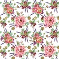 Peony seamless pattern. watercolor pink rose illustration.