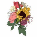 Peony, sunflower, tulips and leaves. Card element with floral illustration.