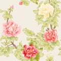 Peony tree branch with flowers in the style of Chinese painting