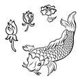 Peony vector illustration for tattoo style.koi fish vector. Royalty Free Stock Photo