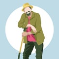 Vector gardener with beard and hat. Men with pink t-shirt on blue background