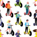 Seamless pattern with people on electric scooters.