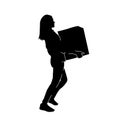 Silhouette of a bussy female lifting cardboard box. Royalty Free Stock Photo
