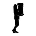 Silhouette of a bussy female lifting cardboard box.