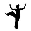 Silhouette of a female fighter doing wushu martial art action pose.