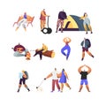 People Active Lifestyle Set. Male and Female Characters in Summer Camp, Touristic Hiking, Riding Hoverboard, Doing Yoga