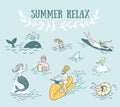 People Actively Relax, Swim in the Sea. Summer Sea Vacation Illustration.