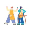 People activities, happy couple cooking sweet cupcakes cartoon