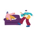 People activities, man playing guitar woman on sofa characters