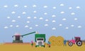 People, agricultural machinery combine harvester, truck, tractor on field, vector