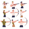 People aiming at target with different weapons set. Women and men training in tactical shooting with bow, gun and rifle Royalty Free Stock Photo