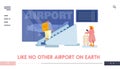 People in Airport Terminal Website Landing Page. Passenger Going Up by Moving Staircase in Hall, Woman with Baggage