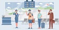 People in airport vector flat illustration. Airport worker in face mask and uniform welcoming passengers.