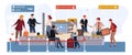 People in airport vector illustration, cartoon flat man woman travel characters with baggage passing through scanner and Royalty Free Stock Photo