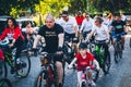 People of all ages in Ukrainian national embroidered shirts take part in a bicycle race in support of Ukraine Royalty Free Stock Photo