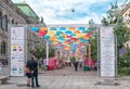 People on Alley of soaring umbrellas in St. Petersburg. Russia