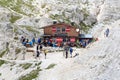 People at alpine Hut Bullelejochhutte in Sexten Dolomites, South Tyrol Royalty Free Stock Photo