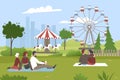 People in amusement park, cartoon young man woman characters sitting on green grass Royalty Free Stock Photo