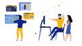 People analysis data commerce. Vector employee man and woman with computer and bar. Business illustration concept character