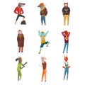 People with animal heads set, wolf, eagle, owl, fox, cock, elephant, horse, bull characters wearing trendy clothes