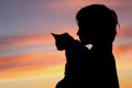 People, animals, pets, childhood concept. Silhouette of an owner and pet. Silhouette of young girl holding a cat, cropped shot. Royalty Free Stock Photo