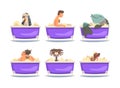 People and animals taking bath. Funny male characters, penguin, set, fish, cat, dog relaxing in Foam bathtub cartoon Royalty Free Stock Photo