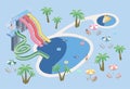 People in aqua park, relax at the pool. Swimming pool and water slides. Vector isometric illustration. Royalty Free Stock Photo