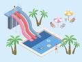 People in aqua park, relax at the pool. Swimming pool and water slides. Vector isometric illustration. Royalty Free Stock Photo